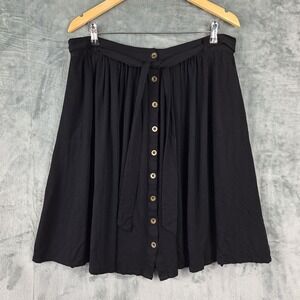 Womens Skirt 1X Black Button Mini Pockets Belted Rayon Casual Boho Goth Flowy